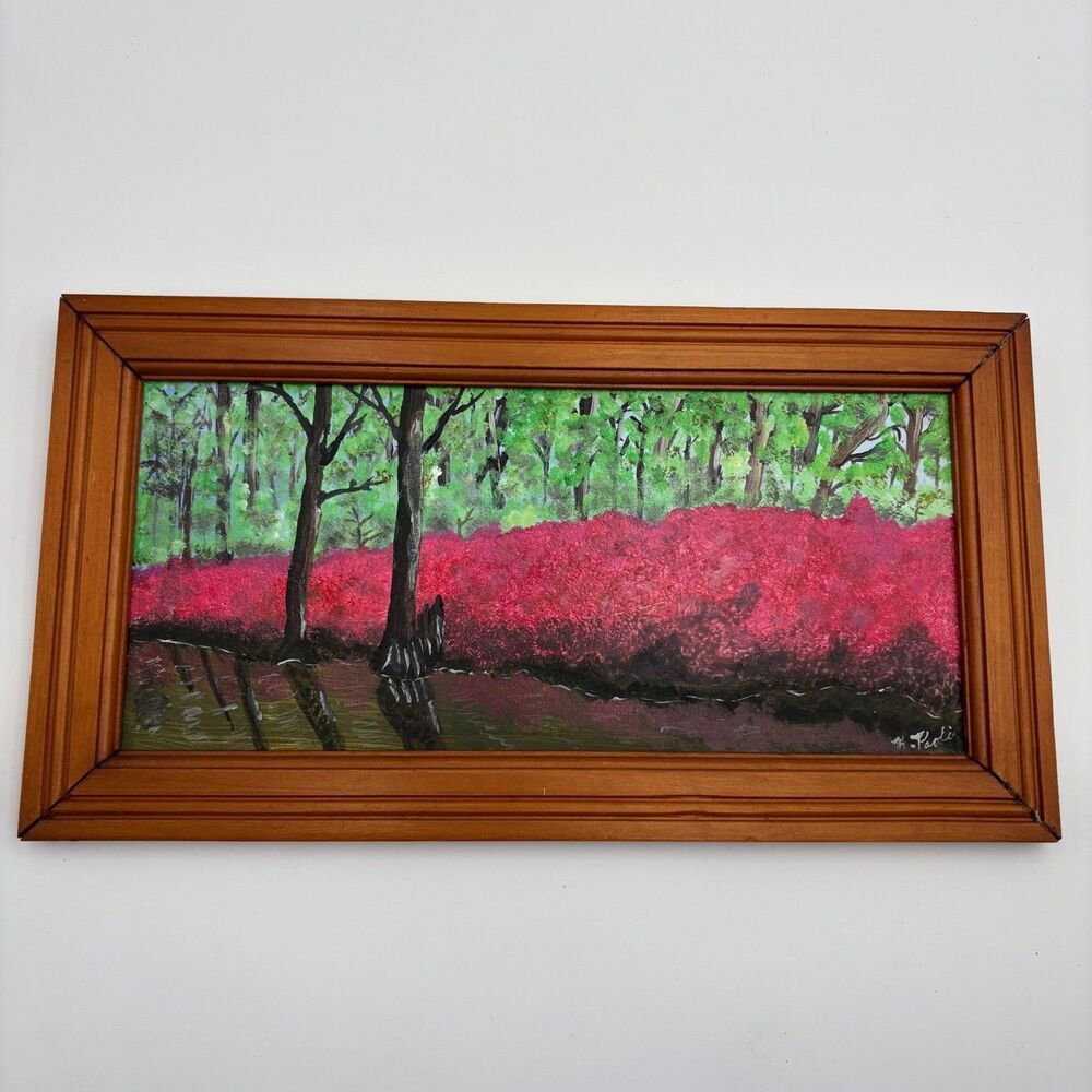 H. Paoli Landscape Painting Medium Pink Excellent Signed Wood Frame Forest